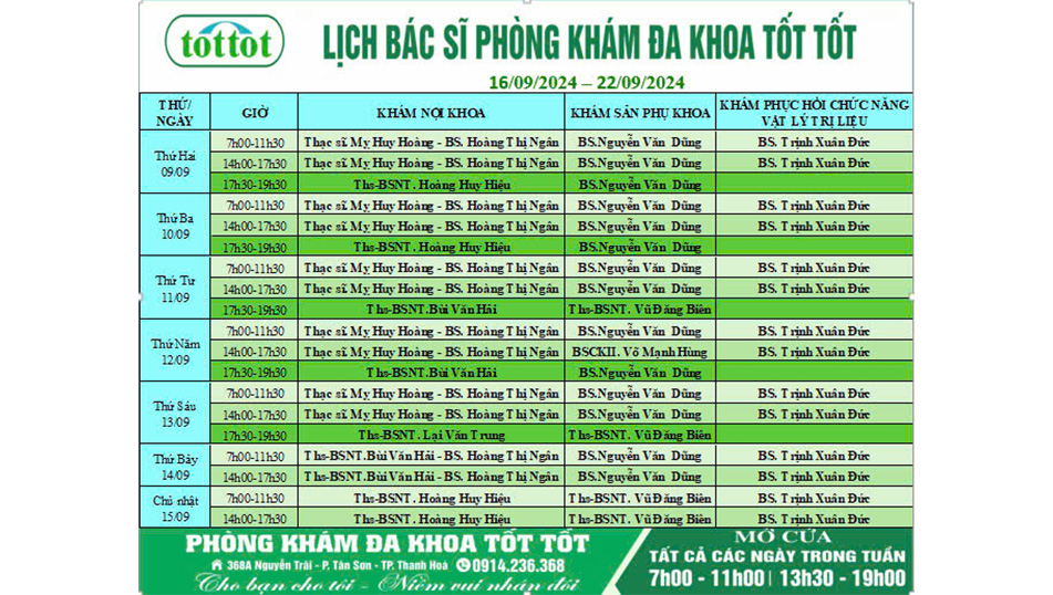 lịch khám 16-22